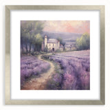 Framed landscape wall art depicting a serene countryside scene with lush greenery, silver matting, and a classic frame, perfect for home decor.