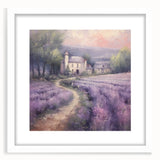 Framed landscape wall art depicting a serene countryside scene in vibrant colors, featuring a white mat for an elegant finish, perfect for home decor.