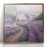 Framed acrylic wall art depicting a serene countryside landscape with golden accents, perfect for enhancing home decor and creating a calming atmosphere.