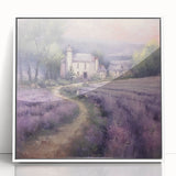 Framed acrylic wall art depicting a serene countryside landscape, featuring lush green fields and a clear blue sky, presented in a sleek white frame to enhance any decor.