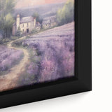 Close-up of a framed landscape wall art canvas featuring a serene countryside scene with lush green fields and a vibrant blue sky, ideal for home decor.