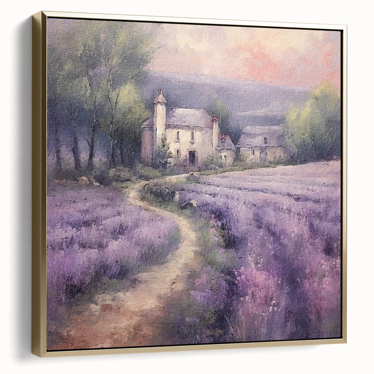 Framed landscape wall art showcasing a serene countryside scene with vibrant greens and soft gold accents, ideal for enhancing home decor aesthetics.