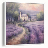 Framed landscape wall art depicting a serene countryside scene with vibrant greens and soft blues, elegantly displayed against a white background, perfect for home decor.