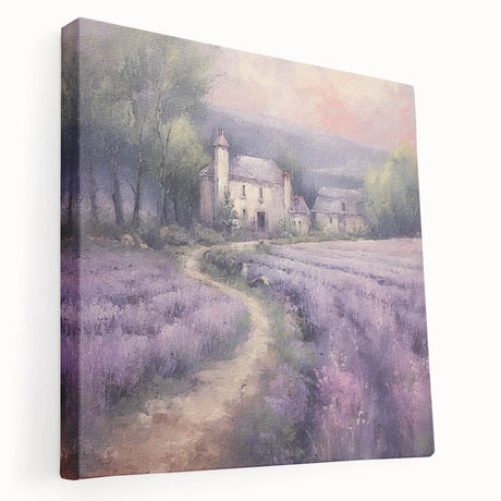 Stretched canvas wall art depicting a serene countryside landscape with rolling hills, vibrant green fields, and a clear blue sky, perfect for home decor.