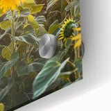 Close-up of a vibrant acrylic landscape artwork showcasing a serene countryside scene with lush green fields and a clear blue sky, perfect for home decor.