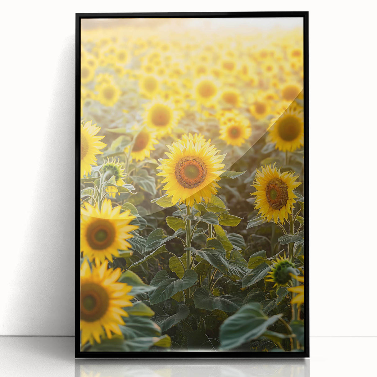 Framed acrylic landscape artwork depicting a serene countryside scene with rolling hills and lush greenery, presented in a sleek black frame, enhancing any home decor.