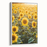 Framed canvas artwork depicting a serene countryside landscape, showcasing rolling hills and lush greenery, presented in a stylish white frame for an elegant touch.