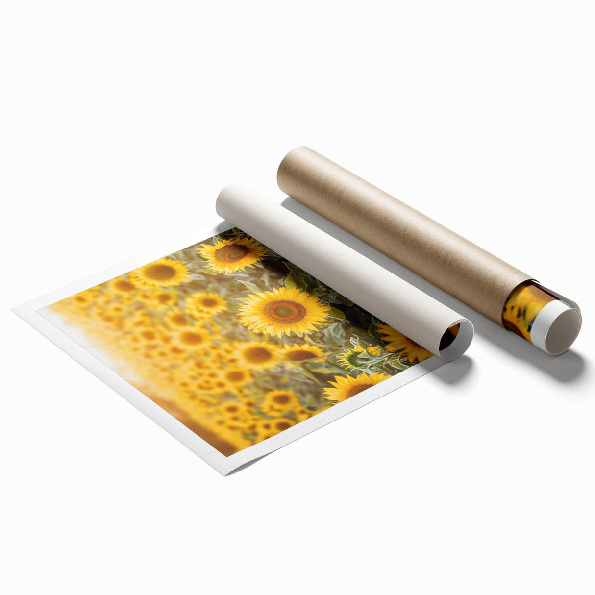 Rolling countryside landscape print showcasing vibrant green fields, a serene blue sky, and rolling hills, elegantly packaged for display or gifting.