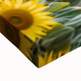 Close-up of a stretched canvas artwork depicting a serene countryside landscape, showcasing vibrant greens and blues, perfect for enhancing home decor with a tranquil feel.