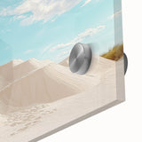 Close-up of a vibrant desert landscape acrylic glass artwork showcasing warm hues of orange and yellow, perfect for modern home decor. Ideal for art enthusiasts seeking unique wall enhancements.