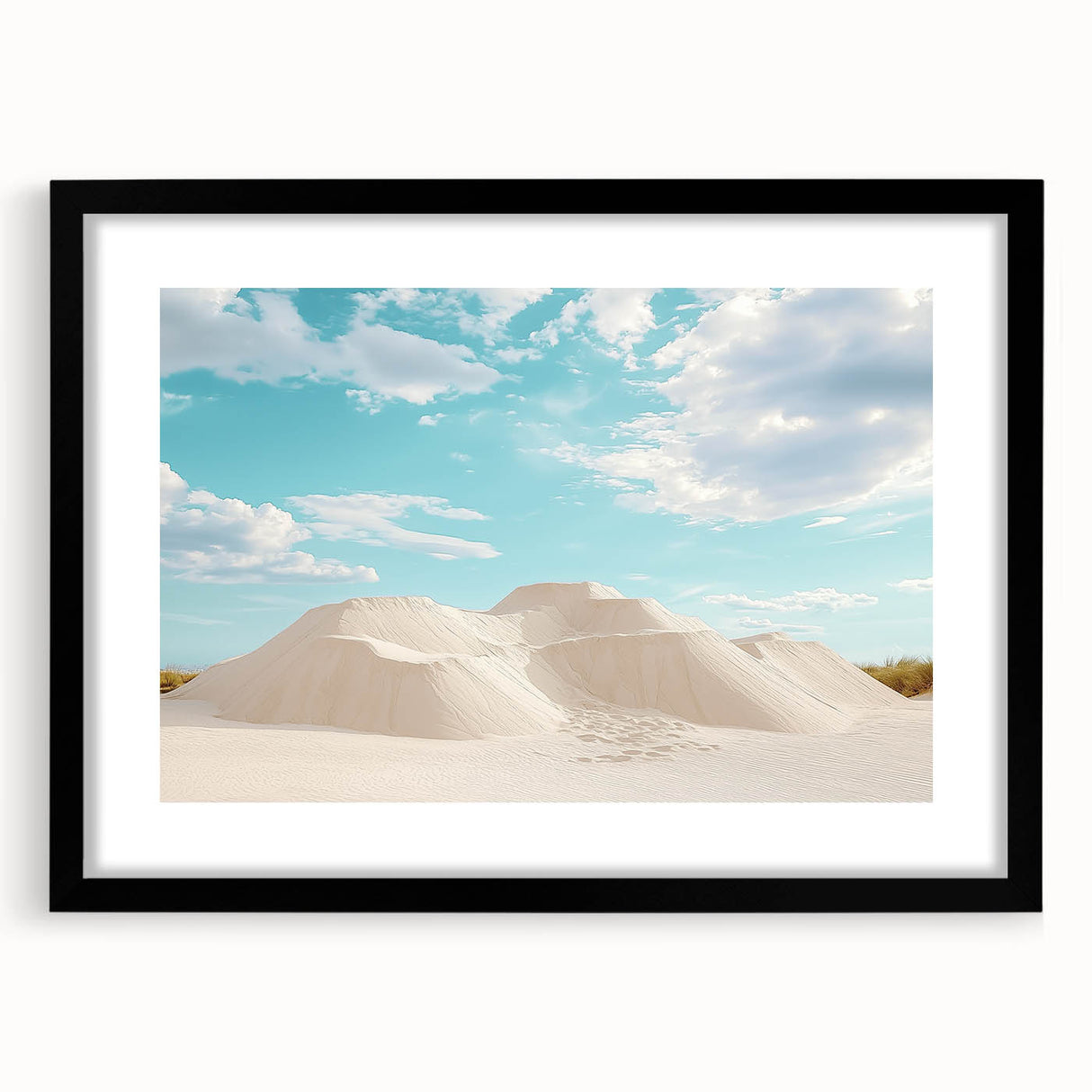 Black frame showcasing a stunning desert landscape artwork with a mat, highlighting vibrant colors and intricate details, perfect for home decor.