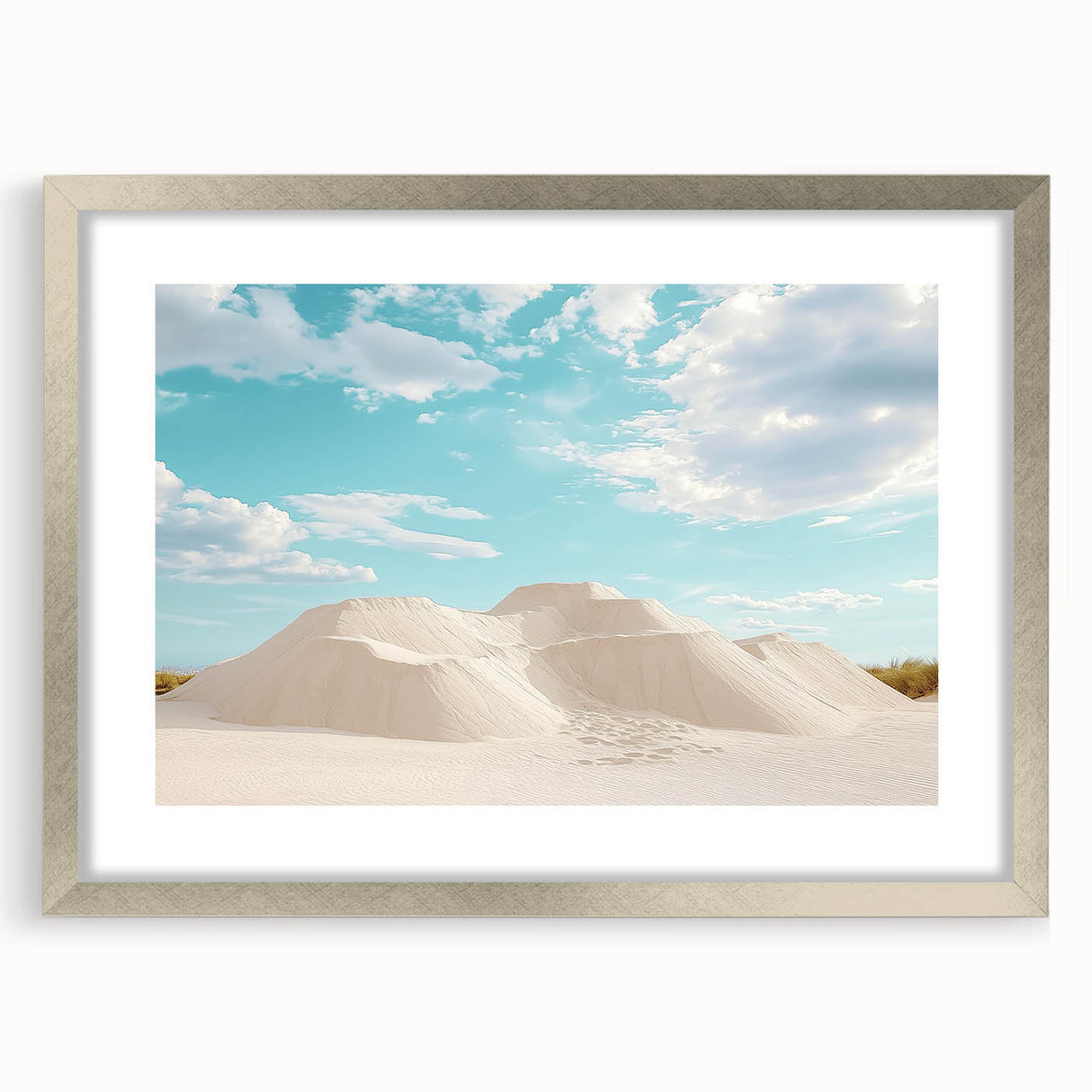 Desert landscape framed artwork featuring a silver mat, showcasing warm earth tones and a serene sky, ideal for home décor or office spaces.
