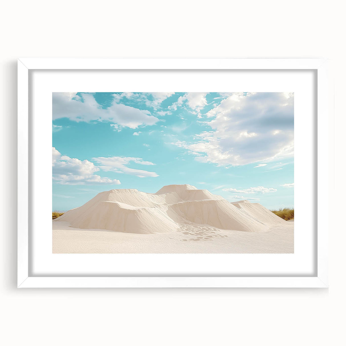 Desert landscape framed art print with a white mat, showcasing warm tones of brown and orange, ideal for home decor or office spaces, front view.