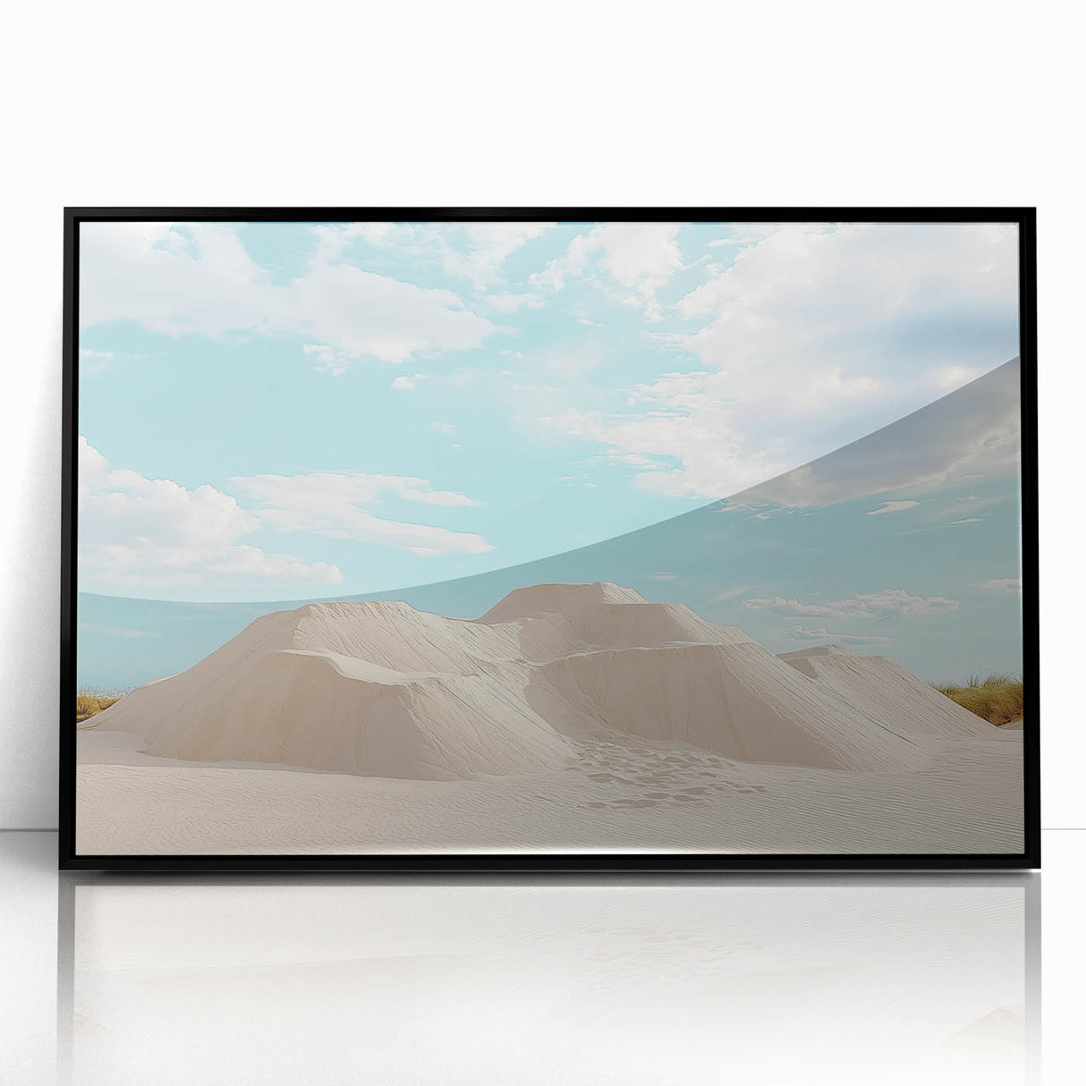Framed acrylic artwork depicting a vibrant desert landscape, showcasing warm hues of orange and yellow with a sleek black frame, ideal for modern home decor.