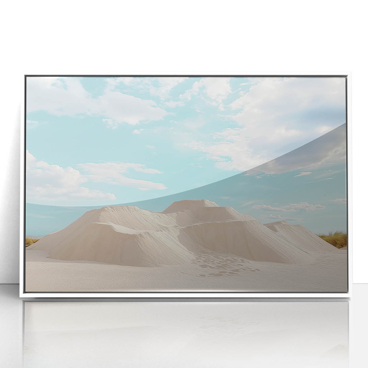 Framed acrylic artwork depicting a vibrant desert landscape with warm hues of orange and yellow, set in a sleek white frame, ideal for modern home decor.