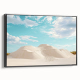 Framed canvas artwork depicting a serene desert landscape with vibrant colors and intricate details, showcasing a black frame for a modern touch. Perfect for home decor enthusiasts seeking unique wall art.