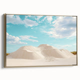 Framed canvas artwork depicting a serene desert landscape with golden hues, showcasing a side view that highlights its elegant frame and artistic details. Perfect for enhancing modern decor.