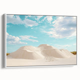 Framed canvas artwork displaying a serene desert landscape with vibrant colors and intricate details, showcased in a sleek white frame, ideal for modern decor.