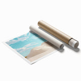 Desert landscape rolled print showcasing vibrant orange and yellow hues against a blue sky, elegantly packaged in a protective cardboard tube, ideal for home decor.