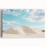 Desert landscape stretched canvas artwork showcasing vibrant oranges and yellows under a bright blue sky, ideal for modern home decor or office aesthetics.