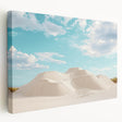 Desert landscape stretched canvas showcasing vibrant hues of orange and yellow, depicting a serene sunset over sand dunes, ideal for home decor enhancement.