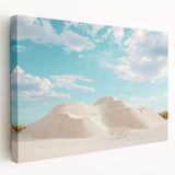 Desert landscape stretched canvas showcasing vibrant hues of orange and yellow, depicting a serene sunset over sand dunes, ideal for home decor enhancement.