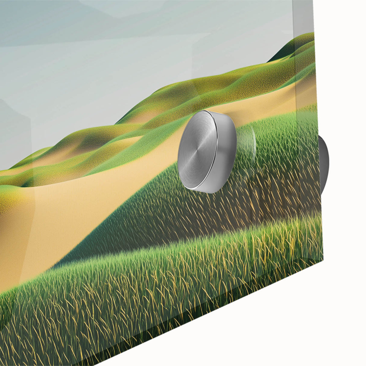 Close-up of a vibrant acrylic glass artwork depicting a lush green landscape filled with rolling fields, showcasing intricate details and rich colors, ideal for home decor.