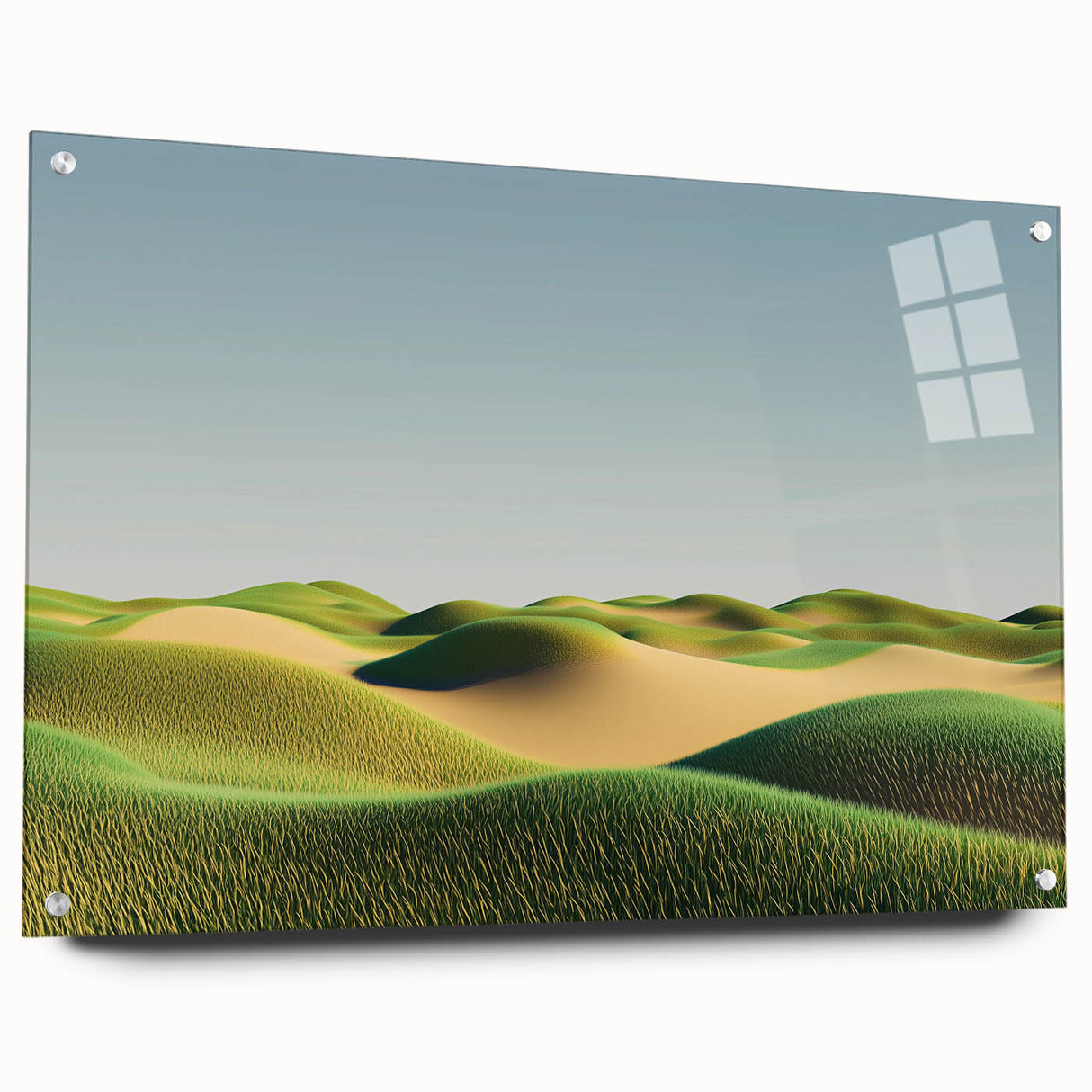 Acrylic landscape art piece showcasing vibrant green fields and a serene blue sky, displayed from the side with elegant pins for secure mounting, ideal for modern decor.