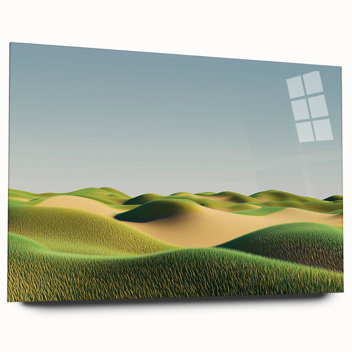 Acrylic glass landscape artwork showcasing vibrant fields in a side view, highlighting rich colors and detailed textures, perfect for home decor enhancement.