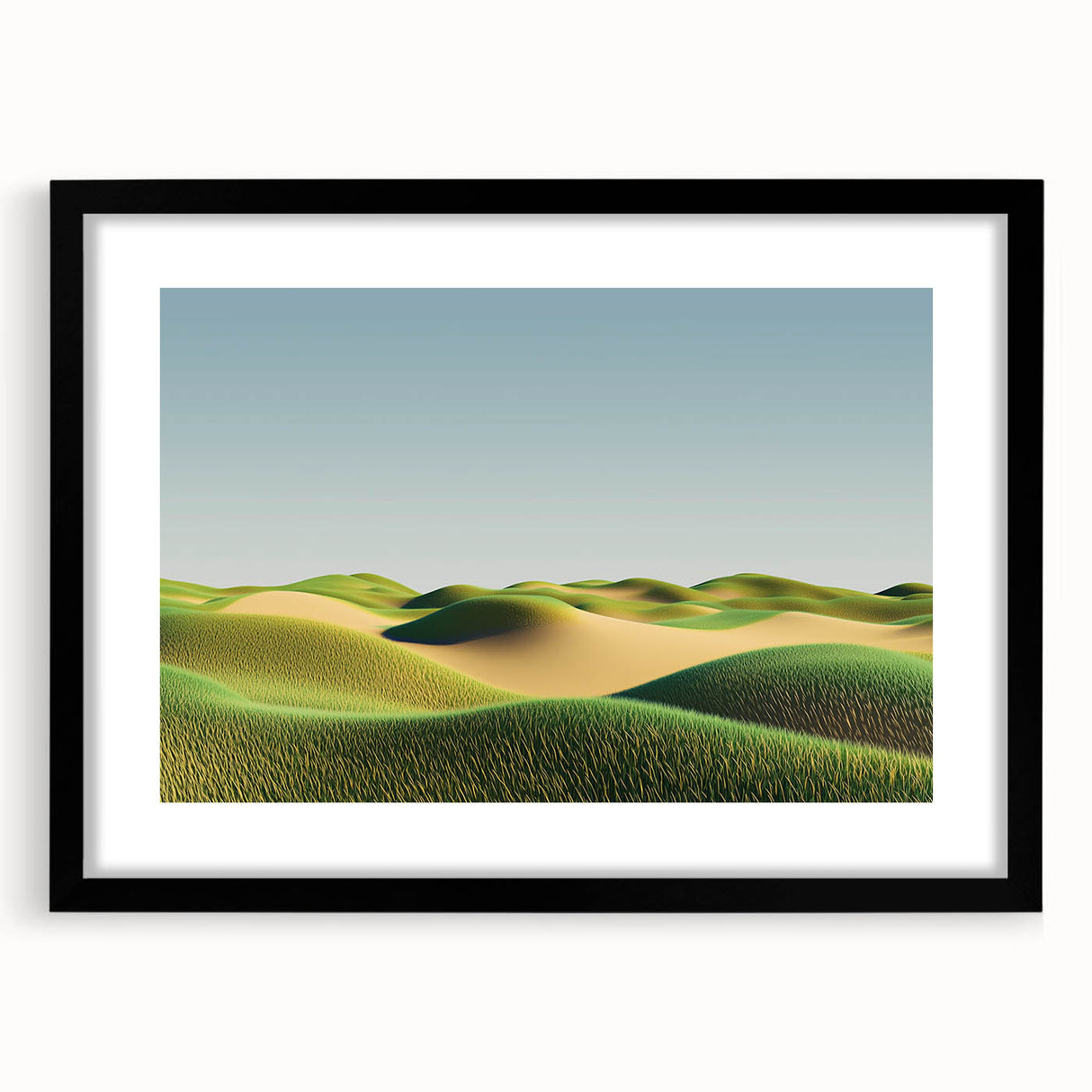 Black frame displaying a landscape artwork featuring vibrant green fields and a serene blue sky, elegantly matted for a polished look, perfect for home decor.