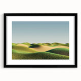 Black frame displaying a landscape artwork featuring vibrant green fields and a serene blue sky, elegantly matted for a polished look, perfect for home decor.