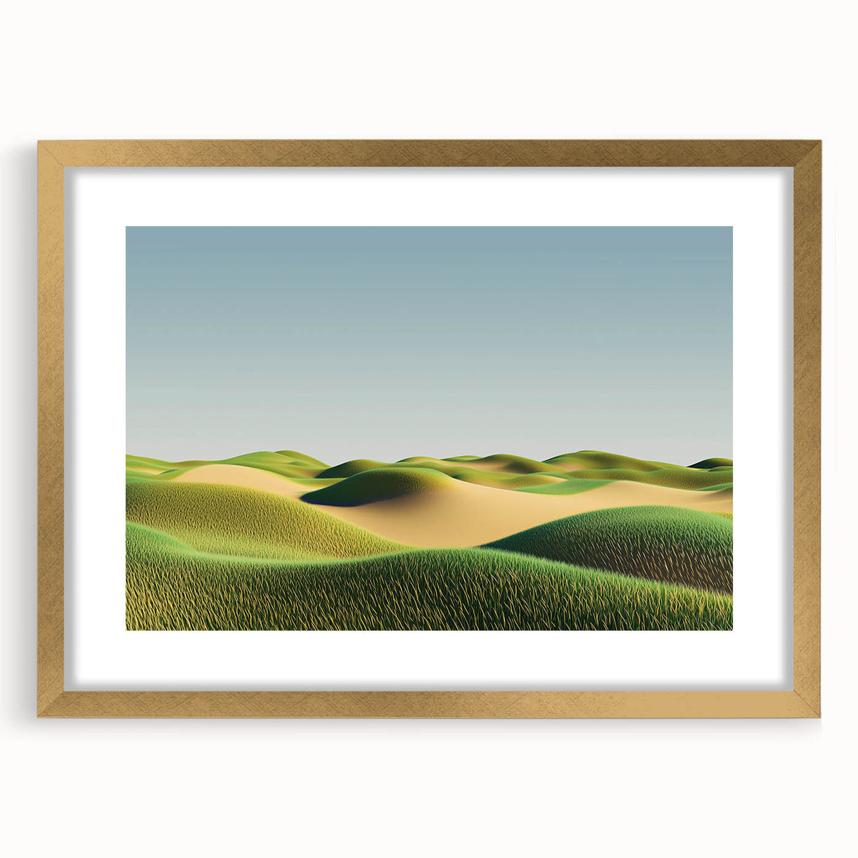 Framed landscape artwork depicting lush green fields with a gold mat, showcasing a serene nature scene perfect for home decor and interior design.