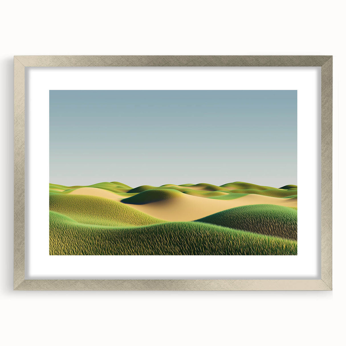 Silver-framed landscape artwork showcasing vibrant green fields under a clear blue sky, elegantly matted for a polished presentation, ideal for home decor.