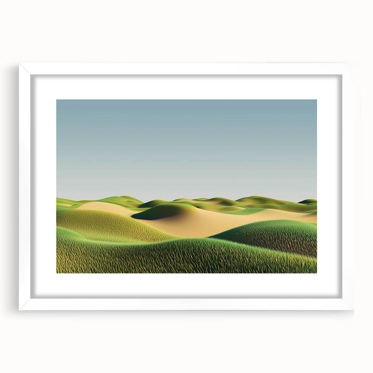 Framed landscape artwork depicting vibrant green fields under a clear blue sky, featuring a white mat and sleek black frame, perfect for modern decor.