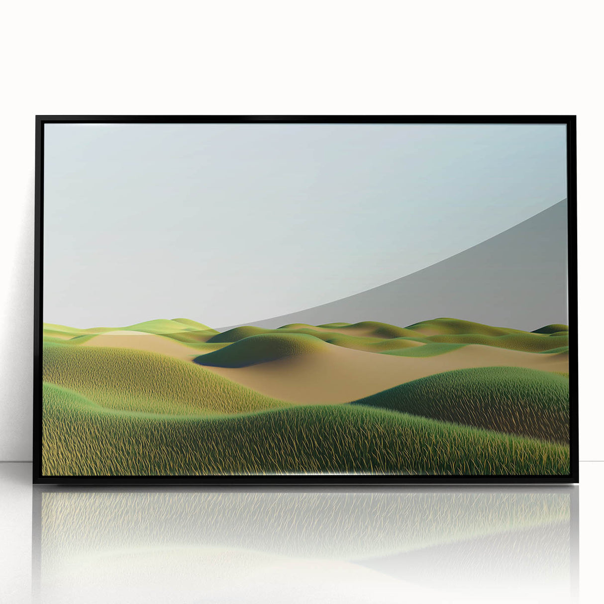 Framed acrylic artwork depicting a serene landscape of rolling green fields under a blue sky, with a sleek black frame enhancing its modern aesthetic. Perfect for home decor.