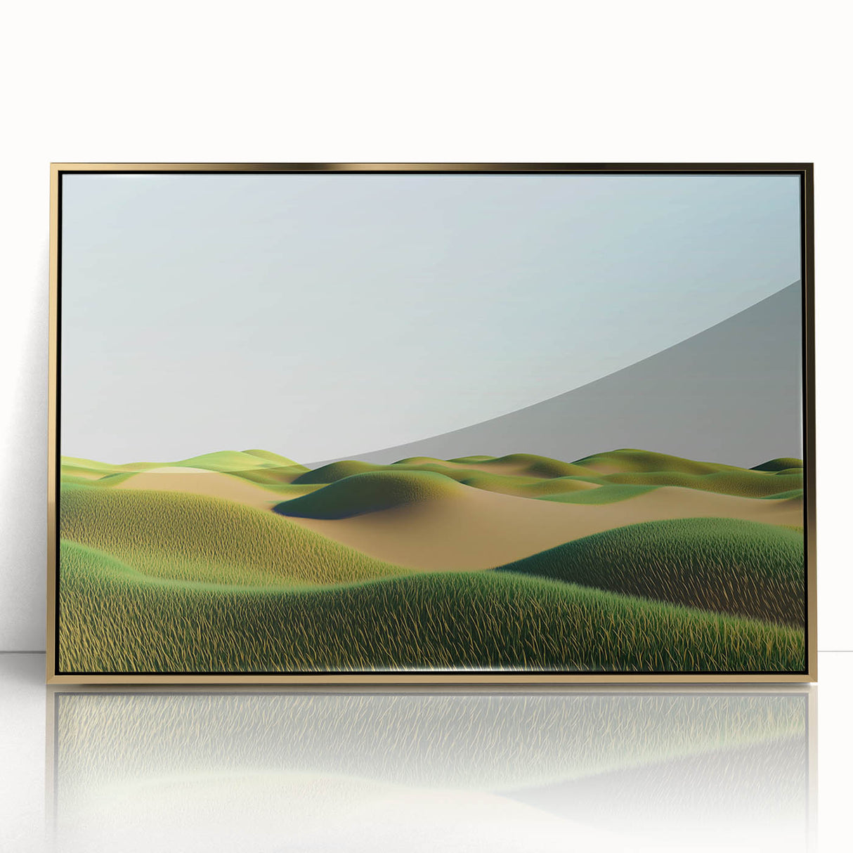 Framed acrylic artwork showcasing a serene landscape with golden accents, highlighting vibrant fields under a clear sky, perfect for home décor enhancement.