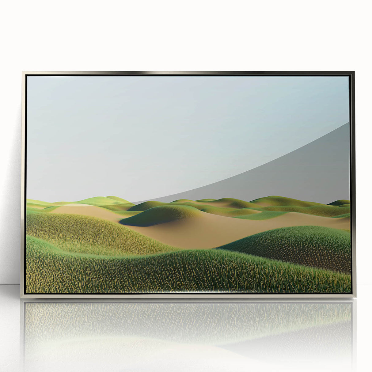 Framed acrylic artwork showcasing a serene landscape of lush green fields under a bright blue sky, elegantly bordered in silver, perfect for modern home decor.
