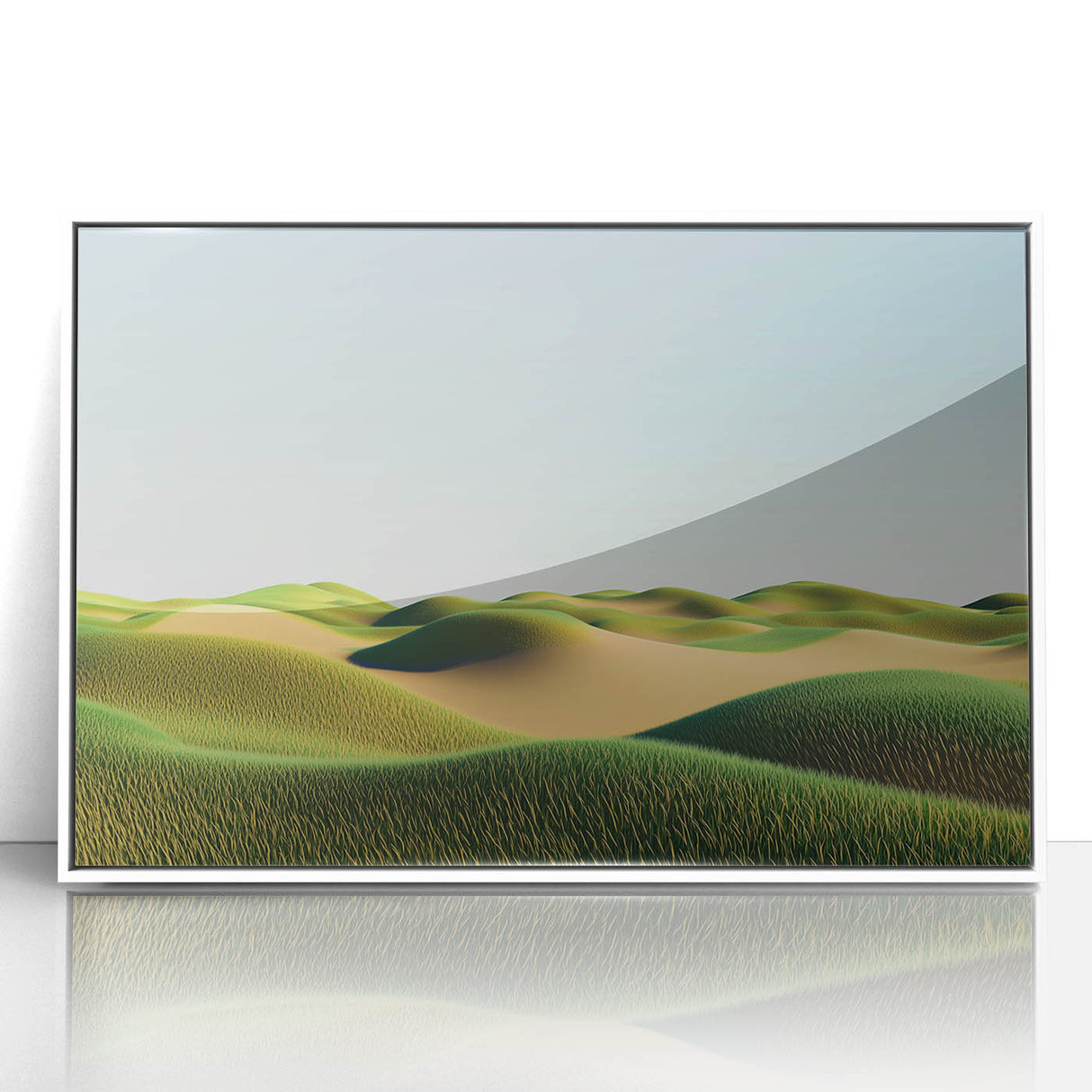 Framed acrylic landscape artwork showcasing vibrant green fields under a bright blue sky, with a sleek white frame enhancing its modern aesthetic. Perfect for home decor.
