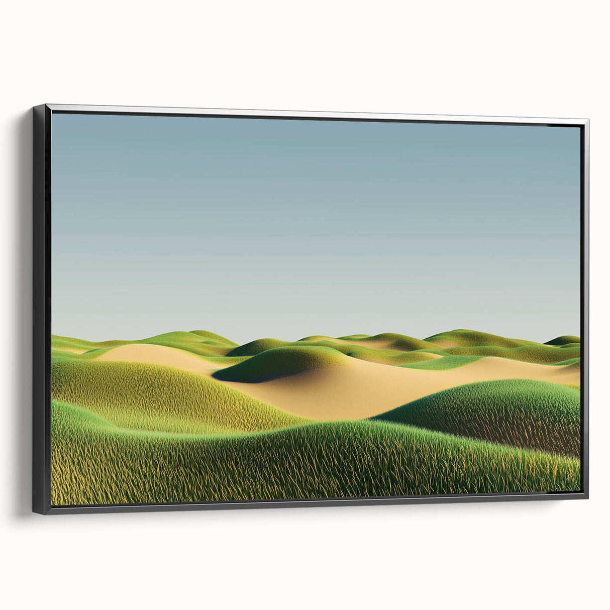 Framed black canvas showcasing a serene landscape featuring rolling fields under a clear blue sky, ideal for home decor and enhancing interior aesthetics.
