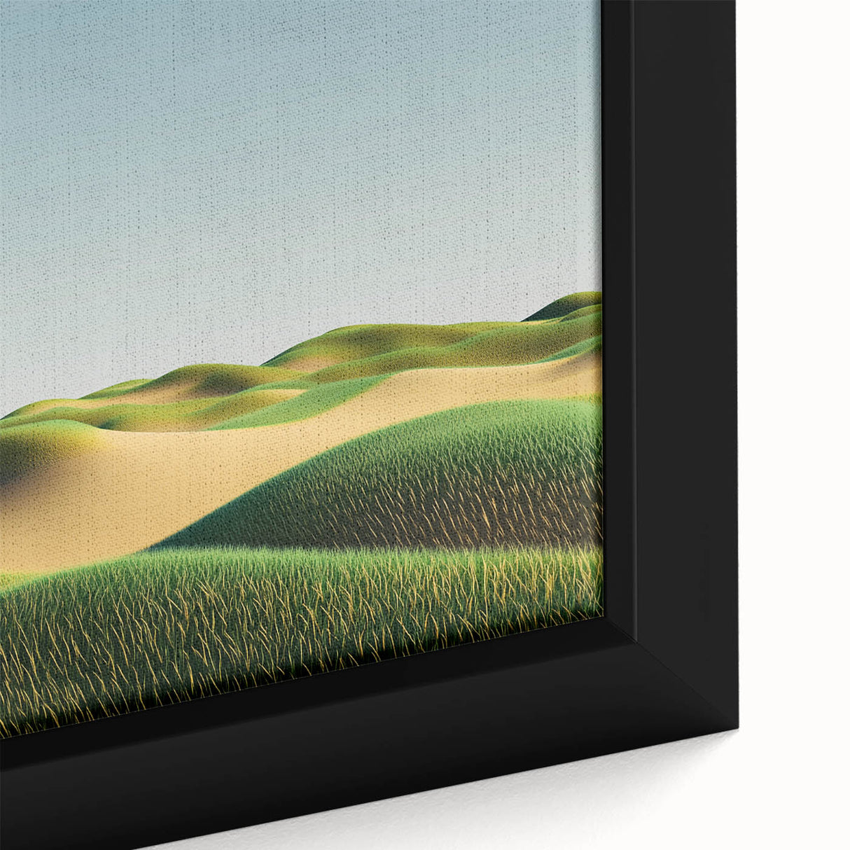 Close-up of a framed canvas artwork depicting vibrant landscapes with lush green fields and a bright blue sky, perfect for home decor or office ambiance.