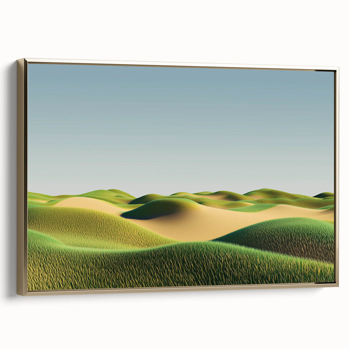 Framed canvas artwork showcasing a vibrant landscape with golden hues, elegantly displayed in a sleek frame, ideal for enhancing home decor and aesthetics.