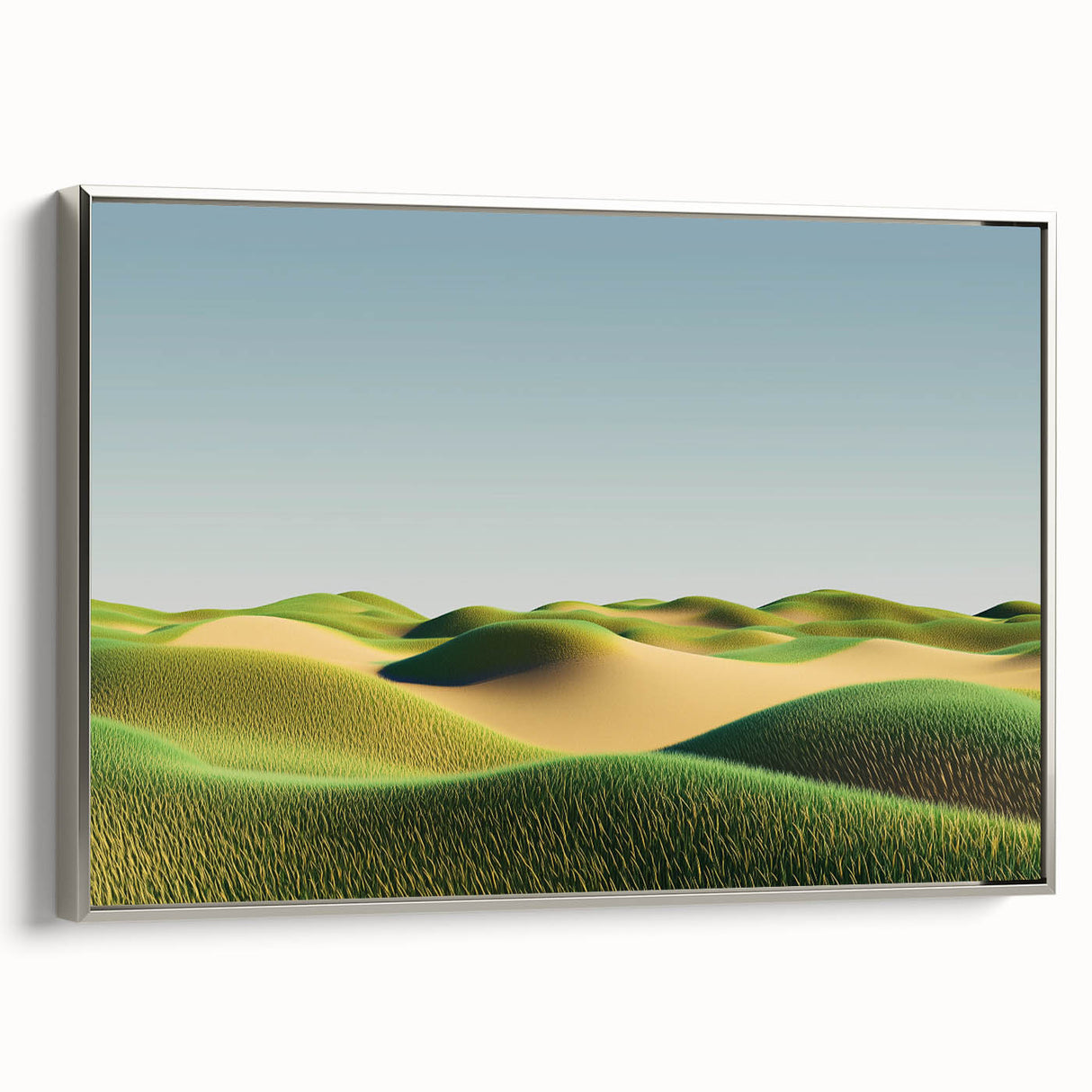 Framed canvas artwork featuring a serene landscape of golden fields under a vibrant blue sky, with a sleek silver frame accentuating the colors, perfect for home decor.