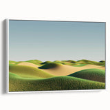 Framed canvas artwork depicting serene landscapes with vibrant green fields and a clear blue sky, showcased from a white side view for aesthetic appeal.
