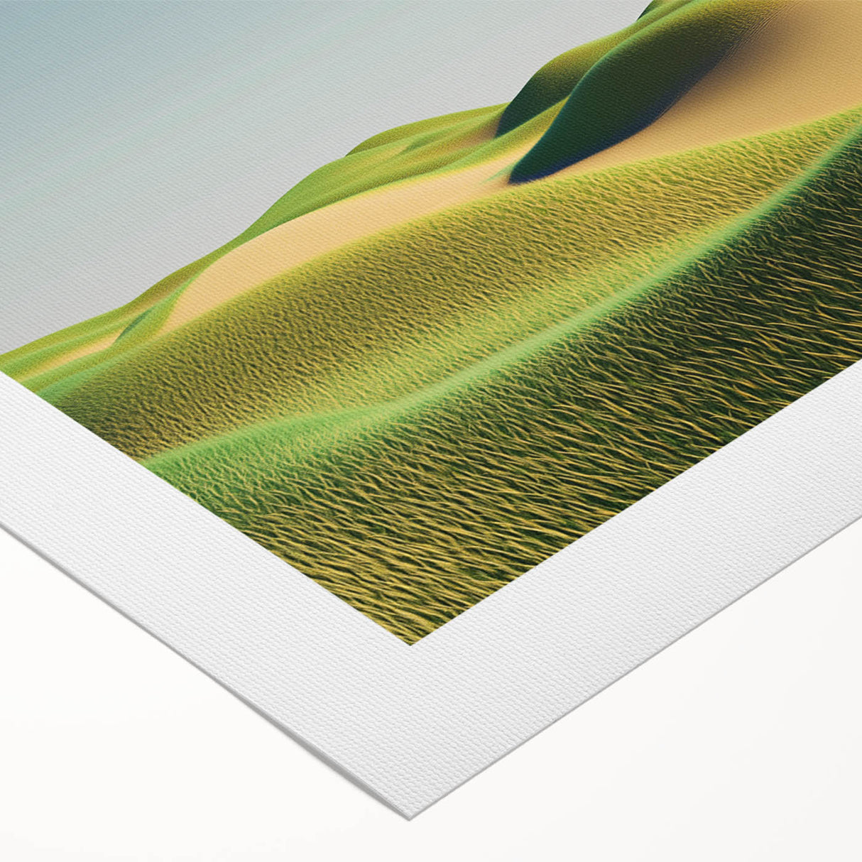 Vibrant rolled canvas artwork showcasing a serene landscape with lush green fields under a bright blue sky, elegantly packaged in a protective cardboard tube.