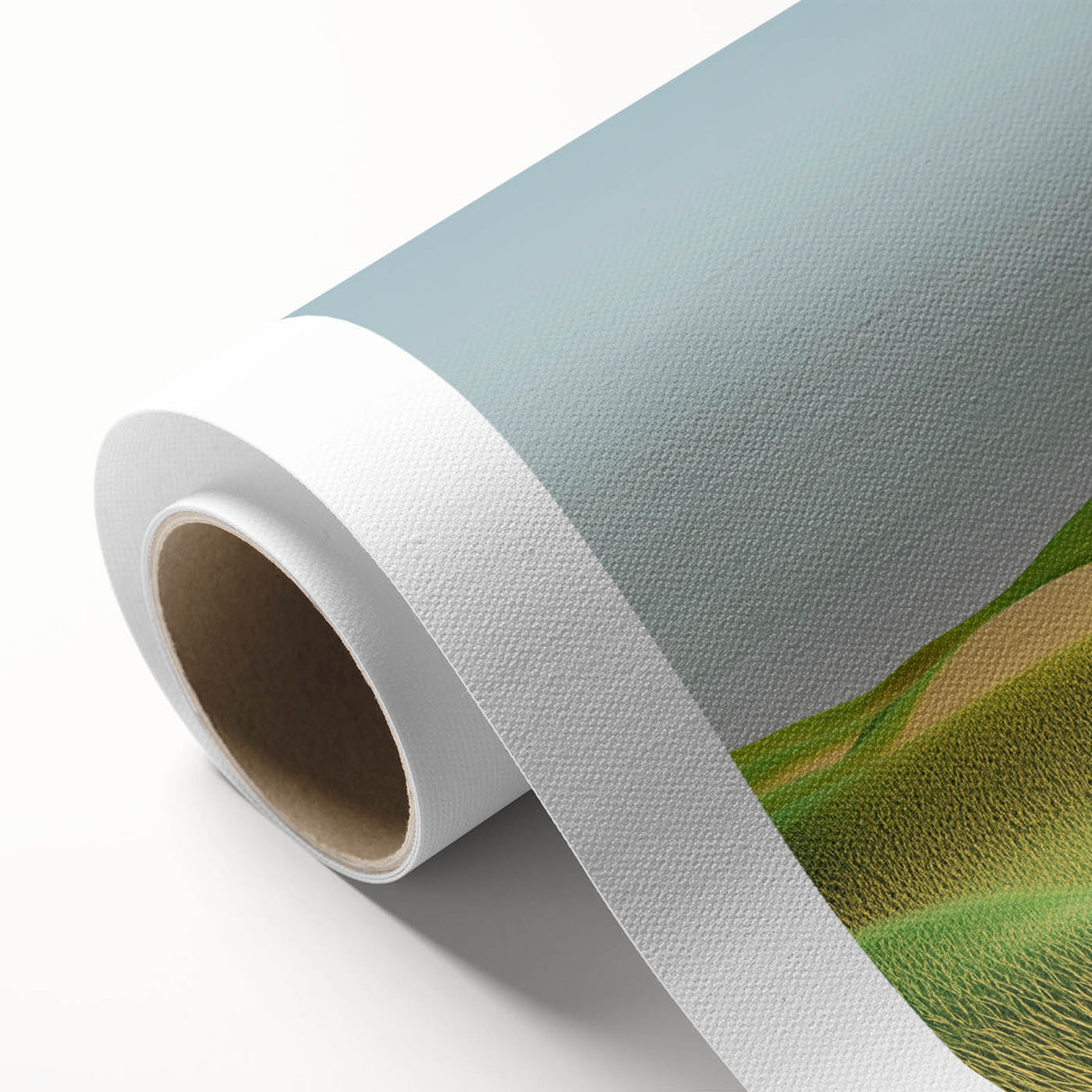 Vibrant rolled canvas showcasing a serene landscape with lush green fields under a clear blue sky, elegantly packaged in a protective cardboard tube. Ideal for home decor.
