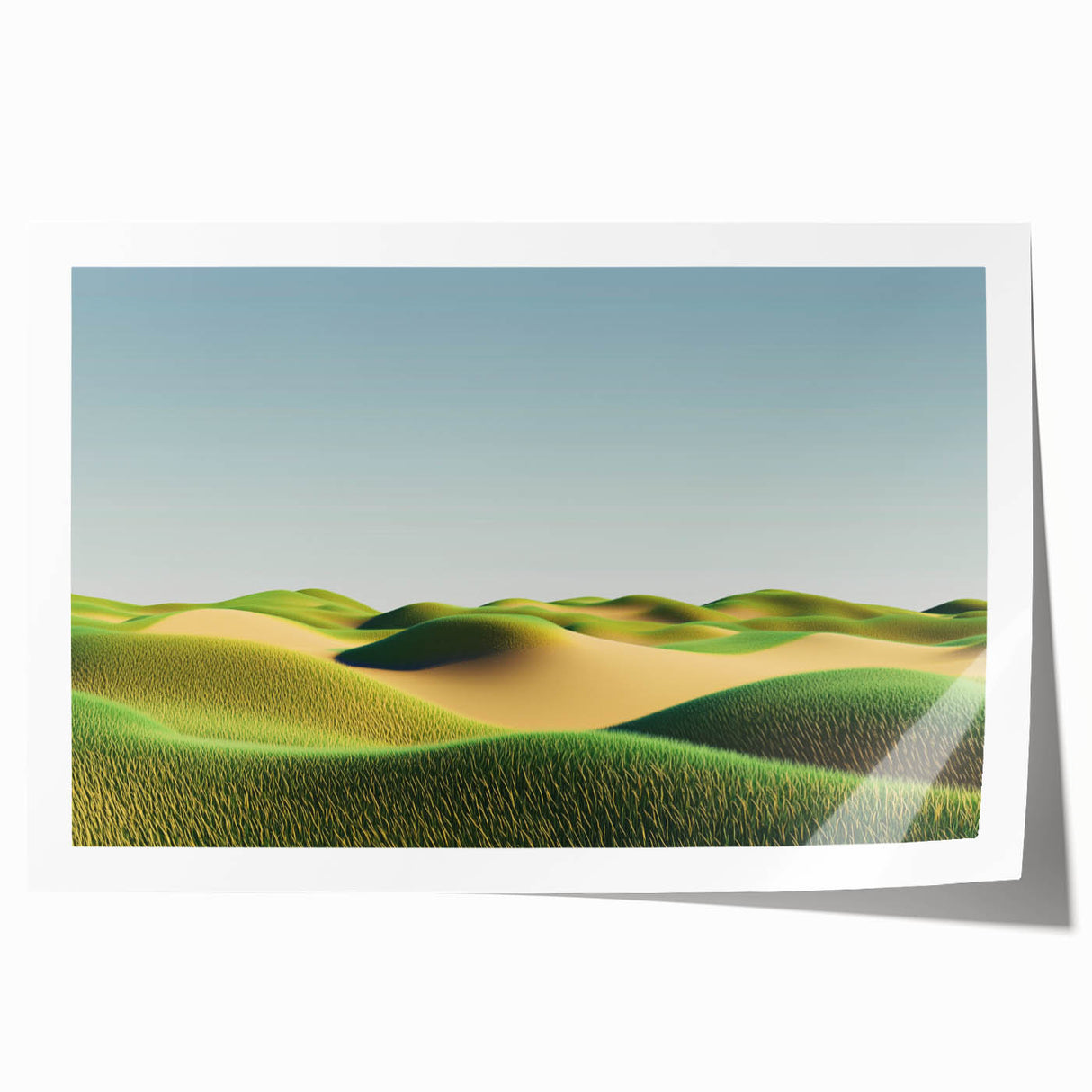 Vibrant landscape print of rolling green fields under a blue sky, elegantly rolled for shipping in a protective cardboard tube. Ideal for home decor enthusiasts.