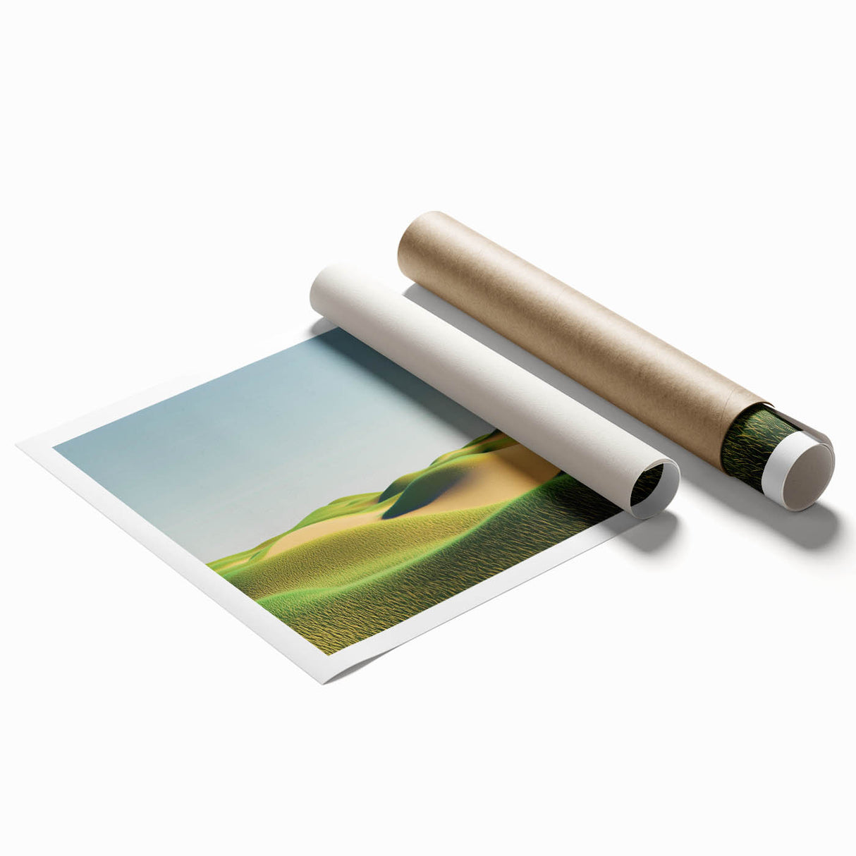 Vibrant landscape print featuring rolling green fields under a bright blue sky, rolled and securely packaged in a protective cardboard tube for easy transport.