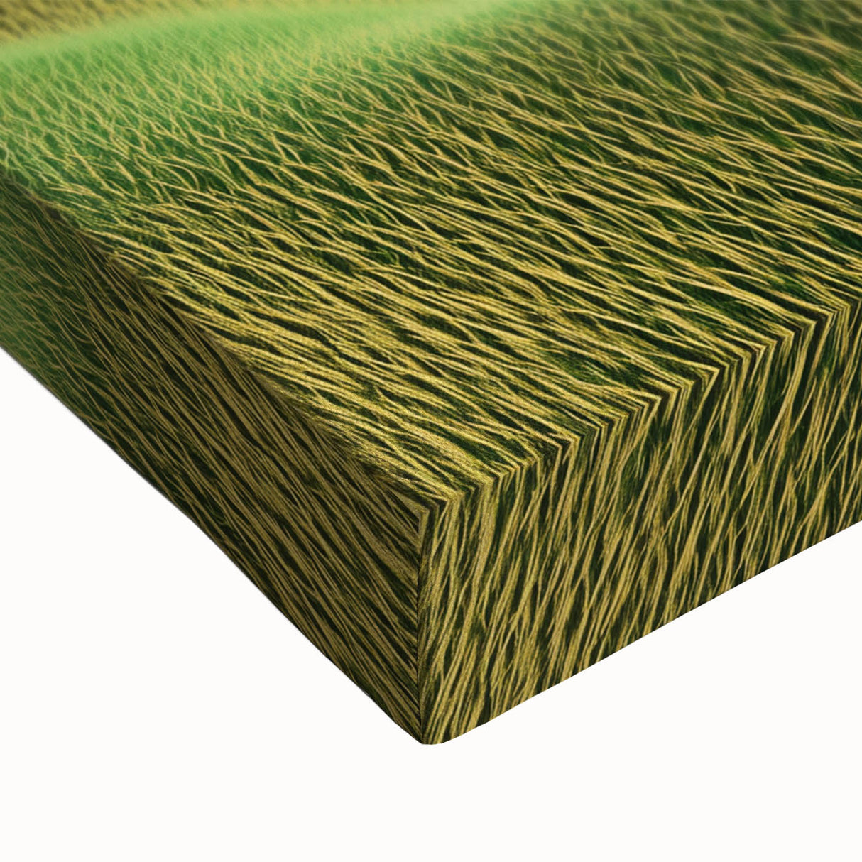 Close-up of a stretched canvas artwork depicting vibrant green fields under a blue sky, showcasing intricate details of nature, perfect for home decor or art lovers.