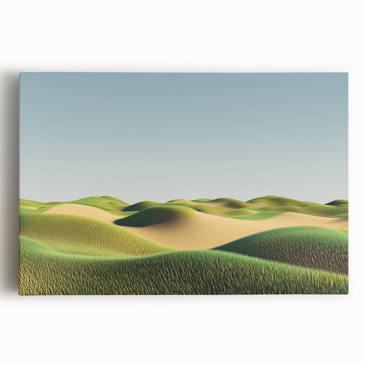 Vibrant stretched canvas artwork depicting serene landscapes with lush green fields and a bright blue sky, perfect for enhancing home decor and creating a calming atmosphere.