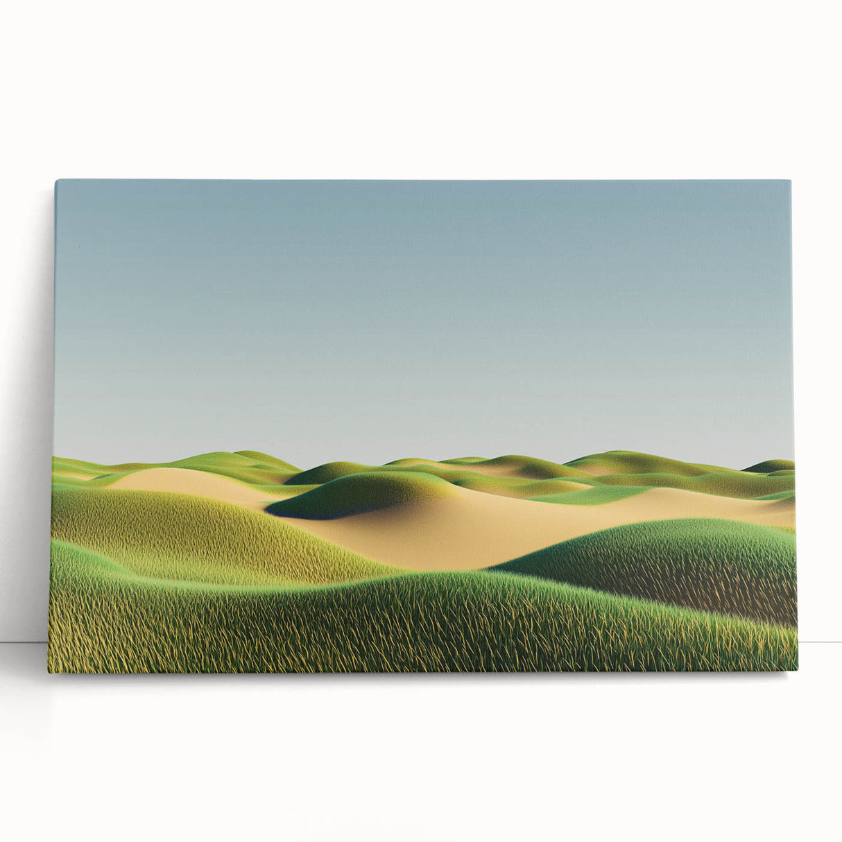 Stretched canvas artwork depicting vibrant green and golden fields under a bright blue sky, creating a serene landscape perfect for home decor.